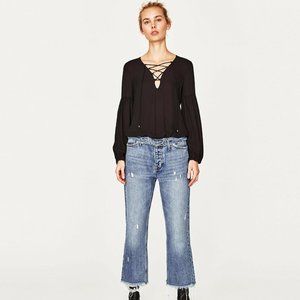 Zara Trafaluc Black Lace Up Puffy Sleeves Bodysuit